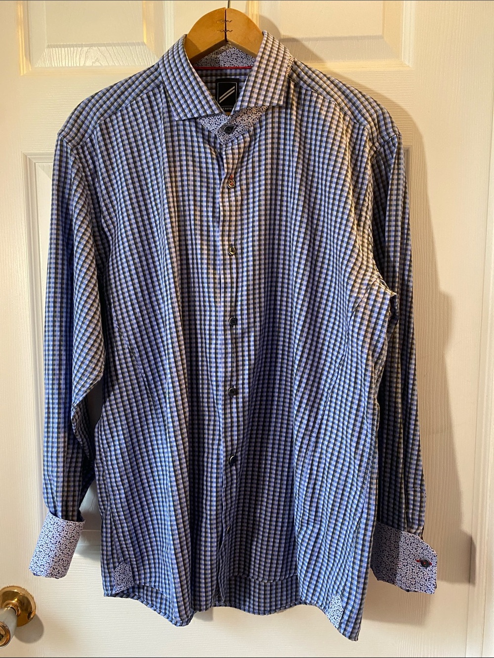 Hechter Blue Gingham Button Down Shirt XL Contrast Floral Cuffs